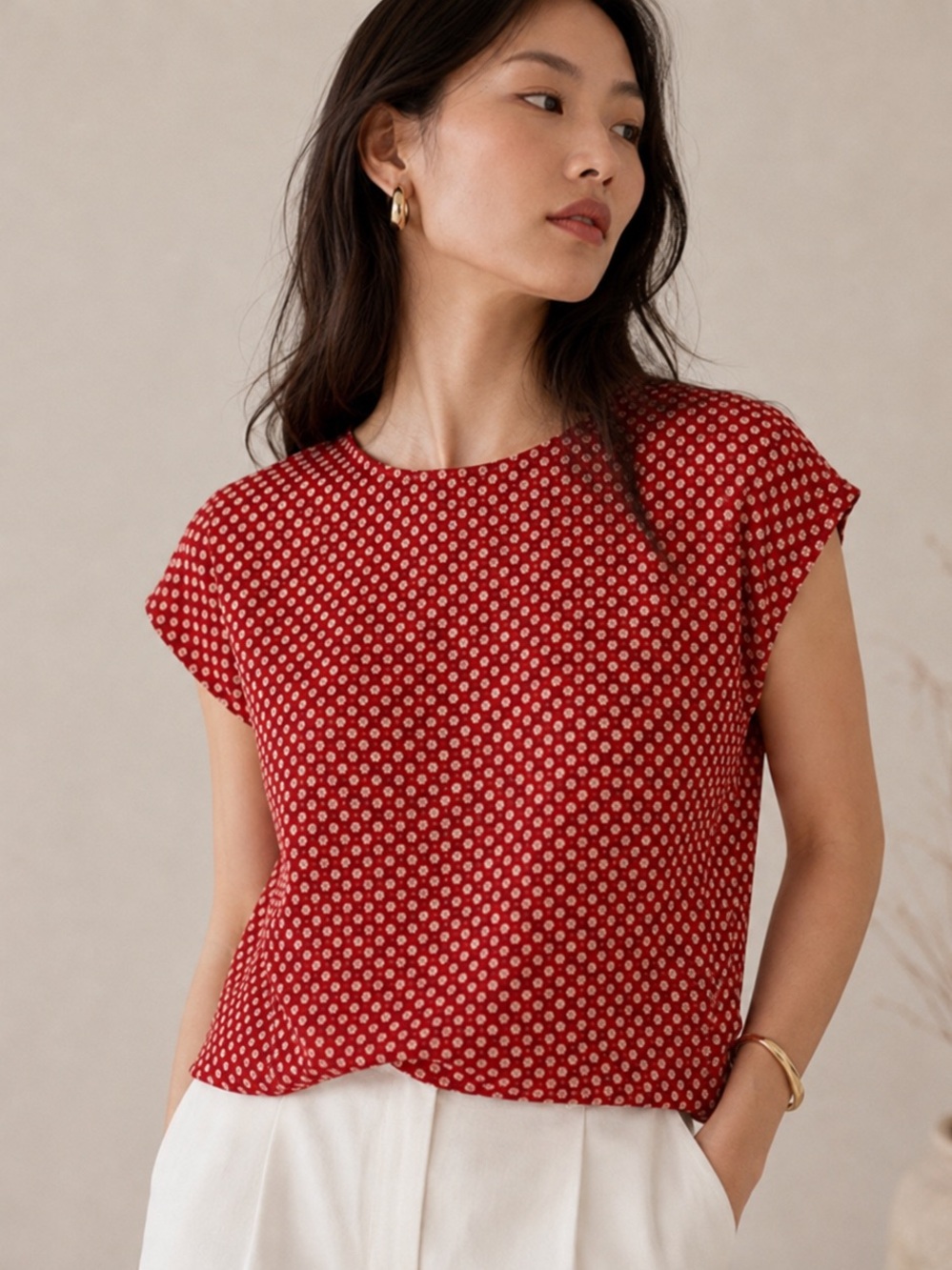 Vintage Silk J. Rosevi Blouse Red Polka Dot Cap Sleeve Top